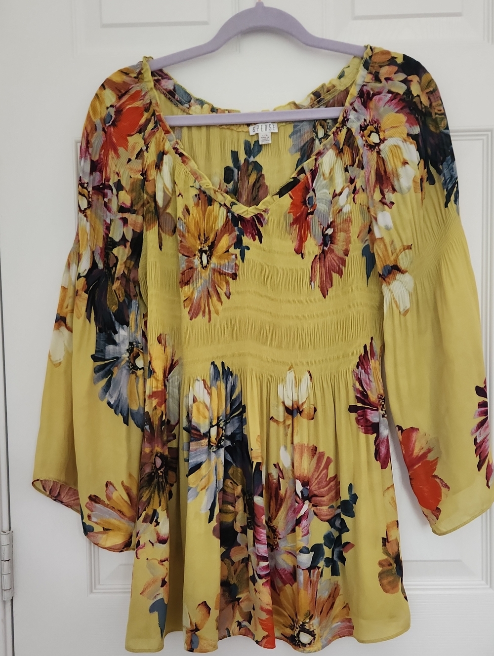 Boho Hippie Babydoll Yellow Pink Blue Floral V-Neck Top with Bell Sleeves